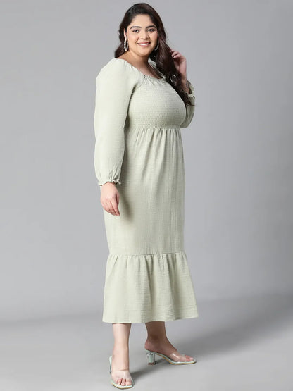 Charming Green Smocked Long Plus Size Cotton Dress For Summer