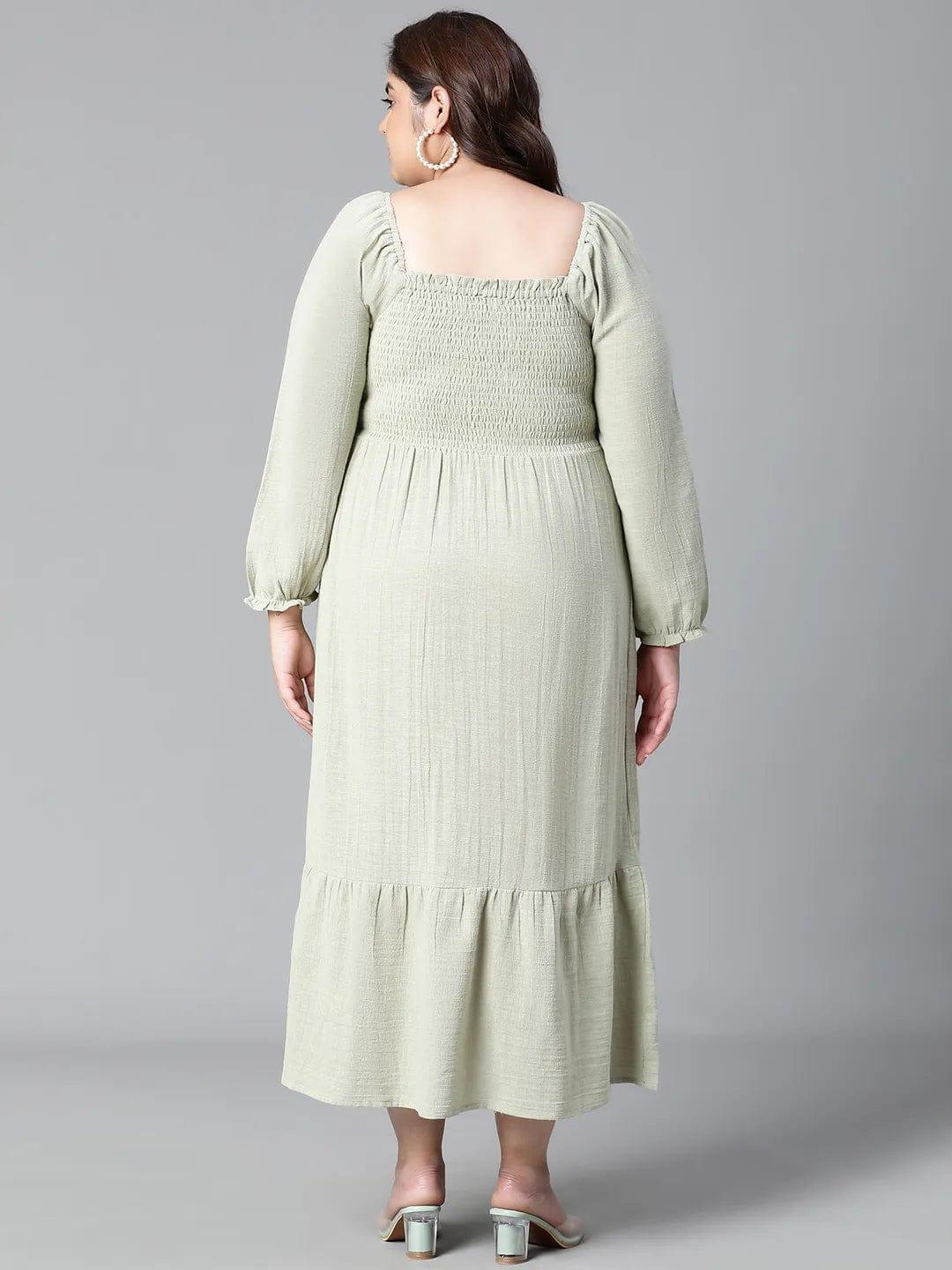 Charming Green Smocked Long Plus Size Curvy Cotton Dress For Summer