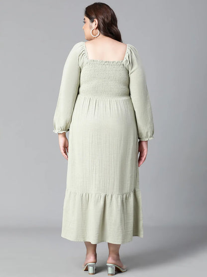 Charming Green Smocked Long Plus Size Cotton Dress For Summer