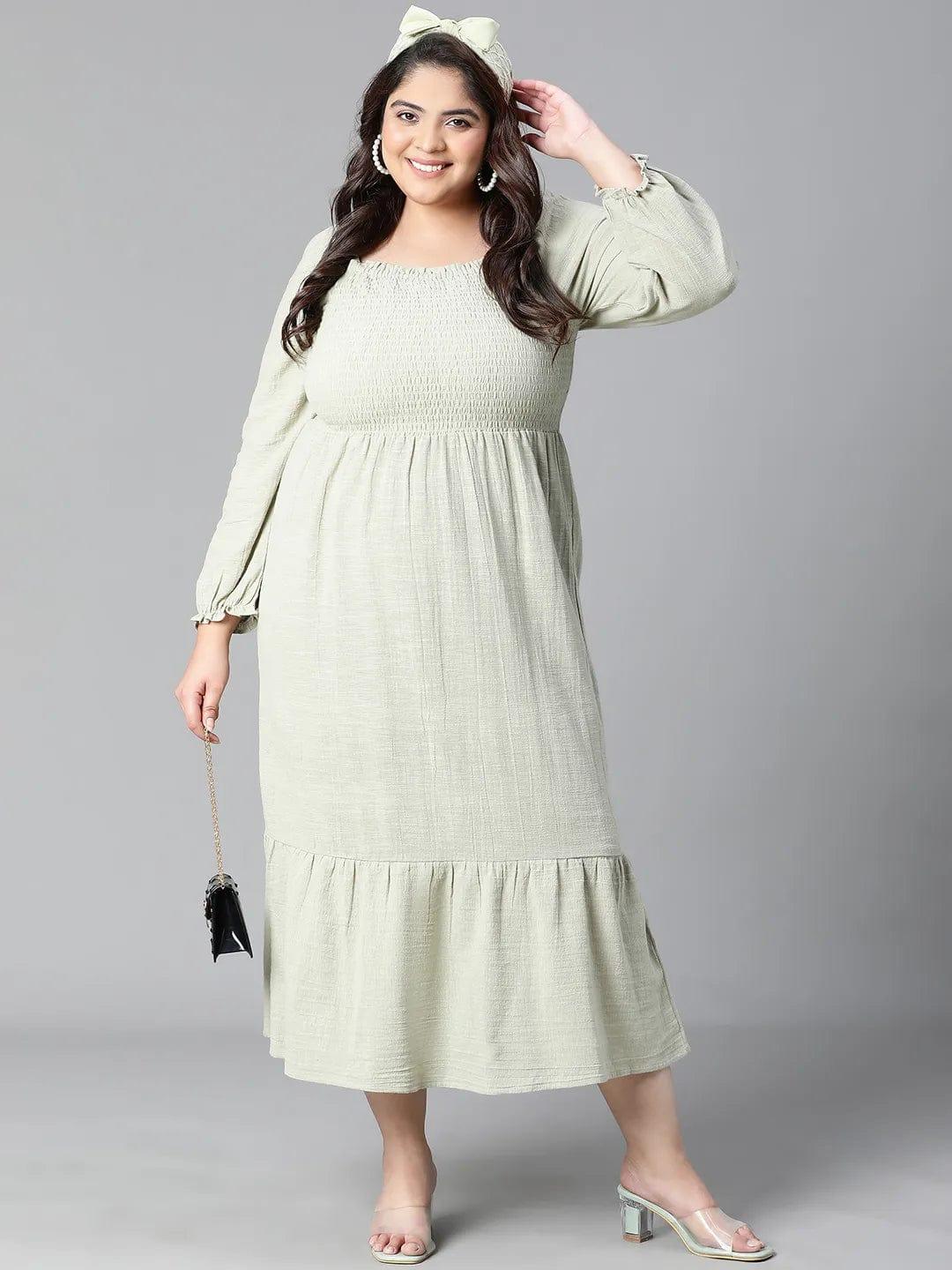 Charming Green Smocked Long Plus Size Curvy Cotton Dress For Summer