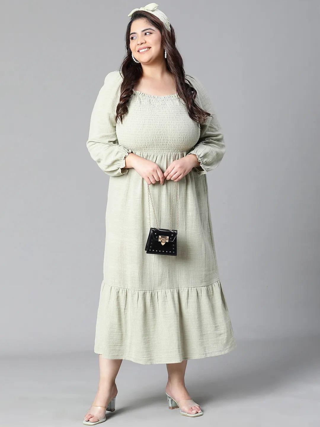 Charming Green Smocked Long Plus Size Curvy Cotton Dress For Summer