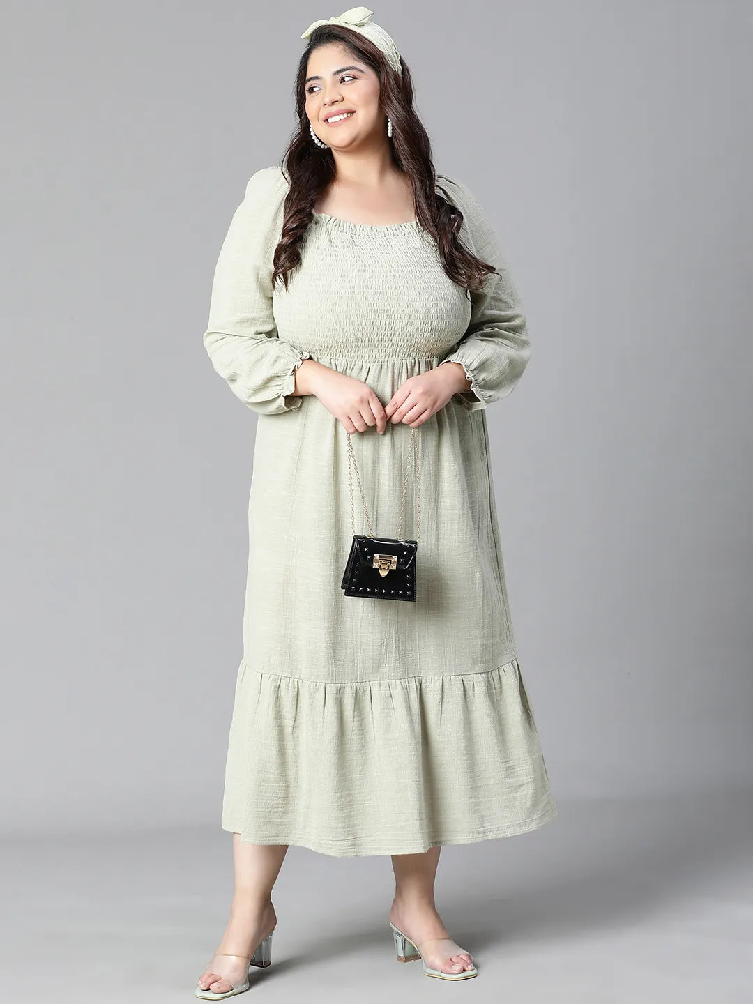 Charming Green Smocked Long Plus Size Cotton Dress For Summer