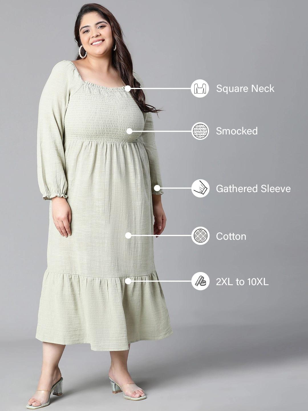 Charming Green Smocked Long Plus Size Curvy Cotton Dress For Summer