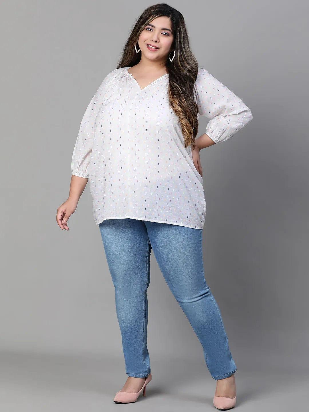 Pure White Embroidered Plus Size Women Loopy Top