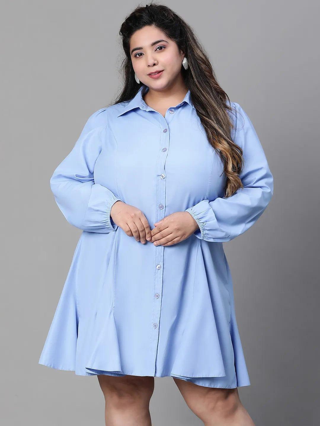 Magnified Blue Long Sleeve Button Down Plus Size Curvy Women Cotton Dress