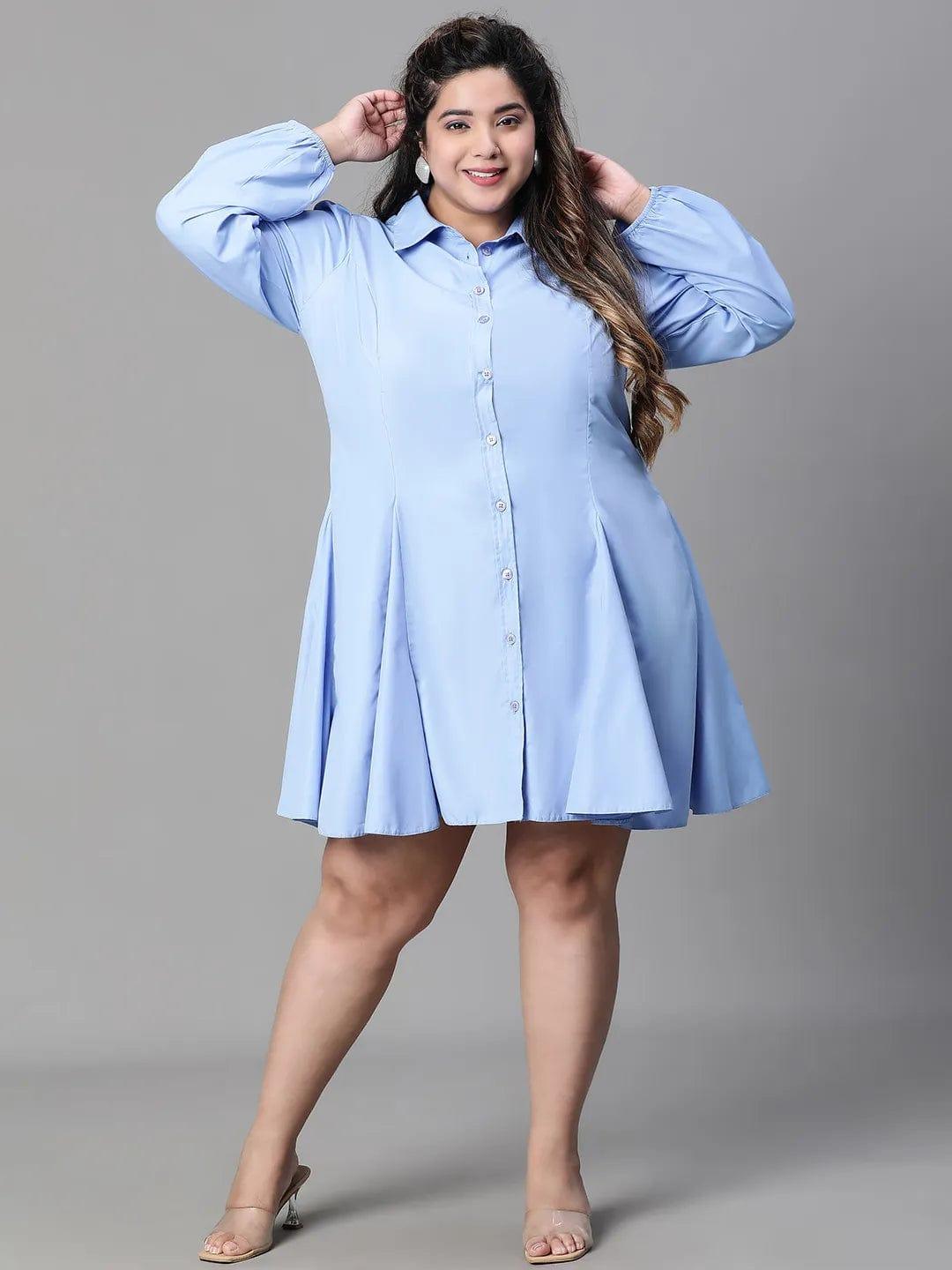 Magnified Blue Long Sleeve Button Down Plus Size Curvy Women Cotton Dress