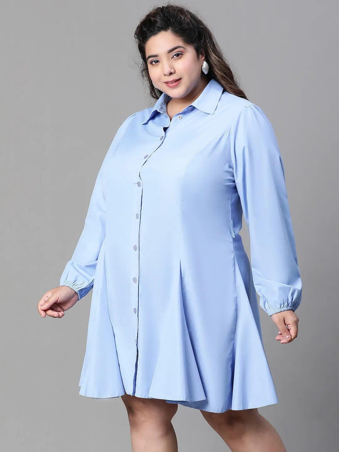 Magnified Blue Long Sleeve Button Down Plus Size Curvy Women Cotton Dress