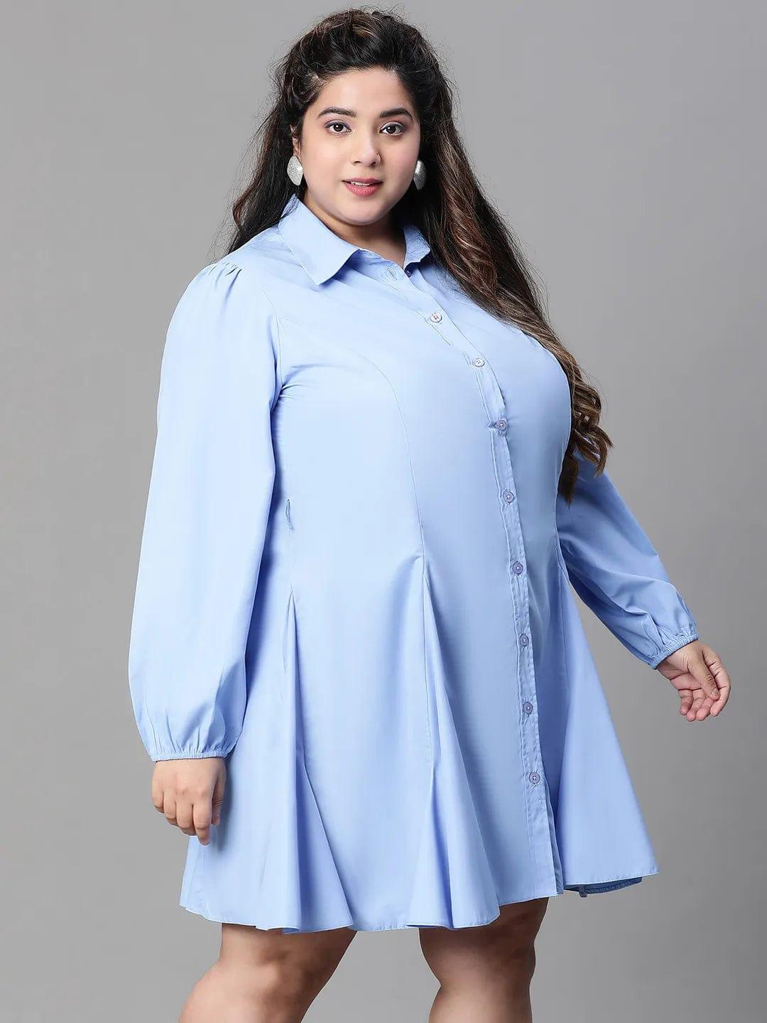 Magnified Blue Long Sleeve Button Down Plus Size Curvy Women Cotton Dress