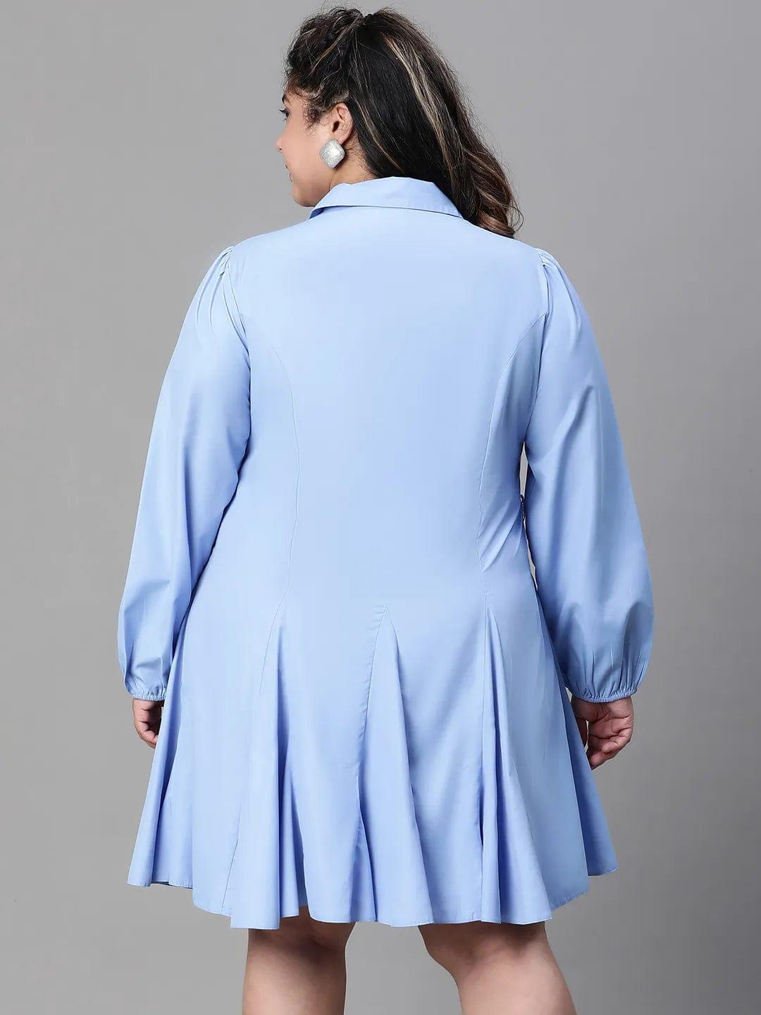 Magnified Blue Long Sleeve Button Down Plus Size Curvy Women Cotton Dress