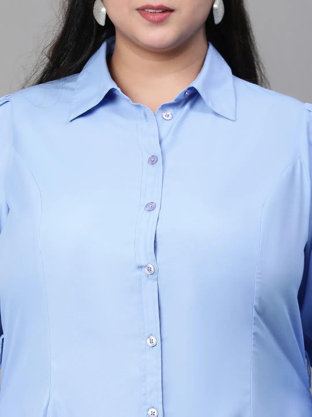 Magnified Blue Long Sleeve Button Down Plus Size Curvy Women Cotton Dress