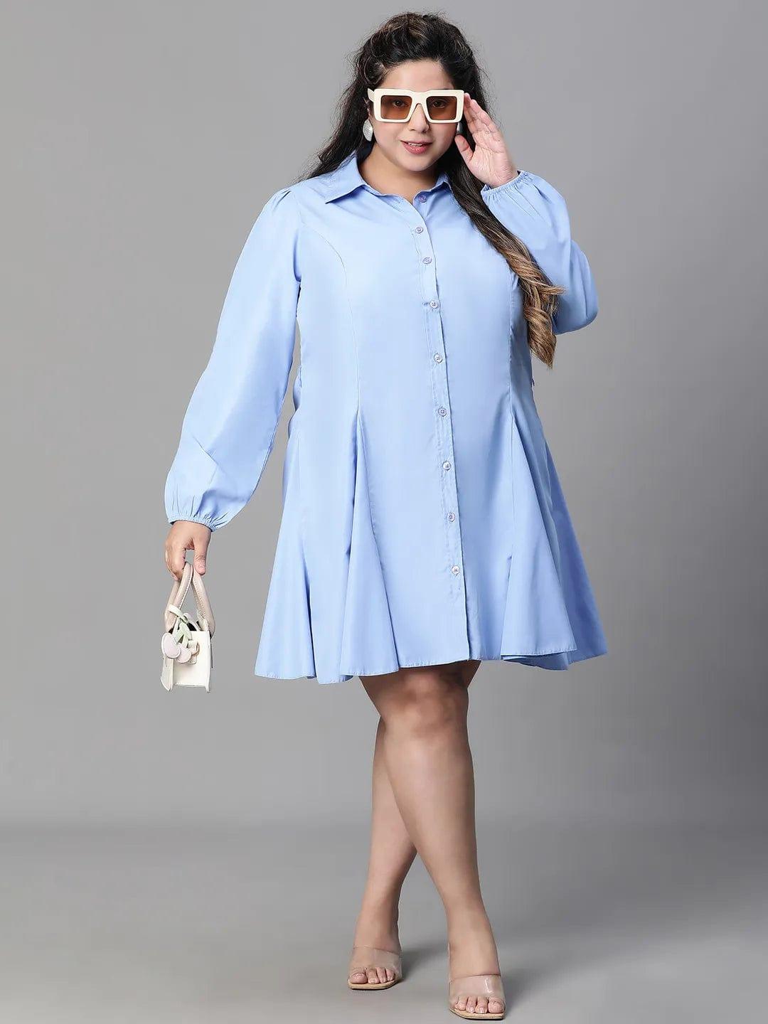 Magnified Blue Long Sleeve Button Down Plus Size Curvy Women Cotton Dress