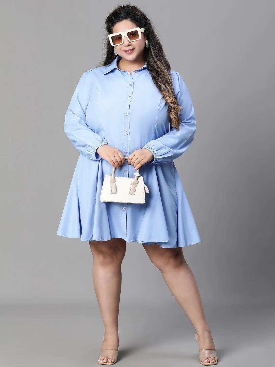 Magnified Blue Long Sleeve Button Down Plus Size Curvy Women Cotton Dress