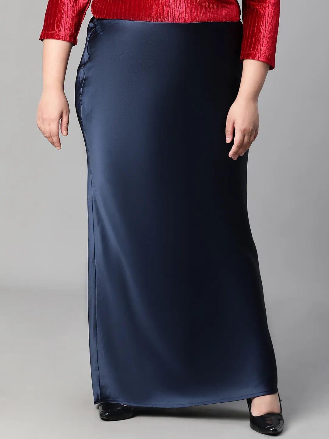 Navy Blue Elasticated Plus Size Women Long Satin Skirt