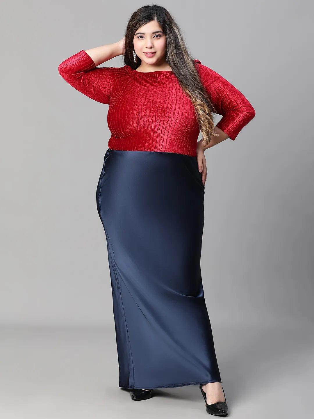 Navy Blue Elasticated Plus Size Women Long Satin Skirt