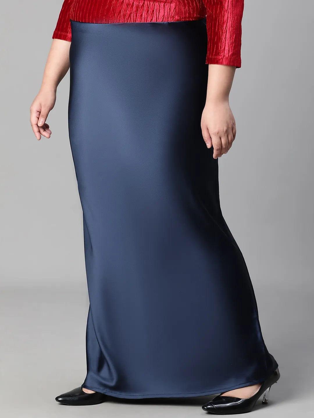 Navy Blue Elasticated Plus Size Women Long Satin Skirt