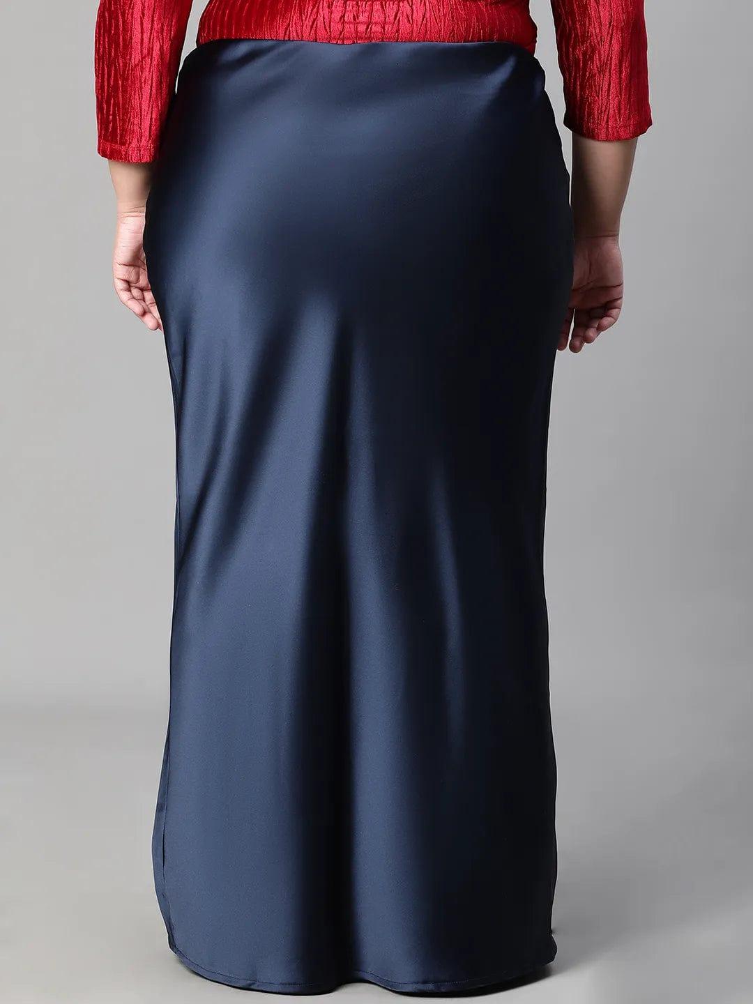 Navy Blue Elasticated Plus Size Women Long Satin Skirt