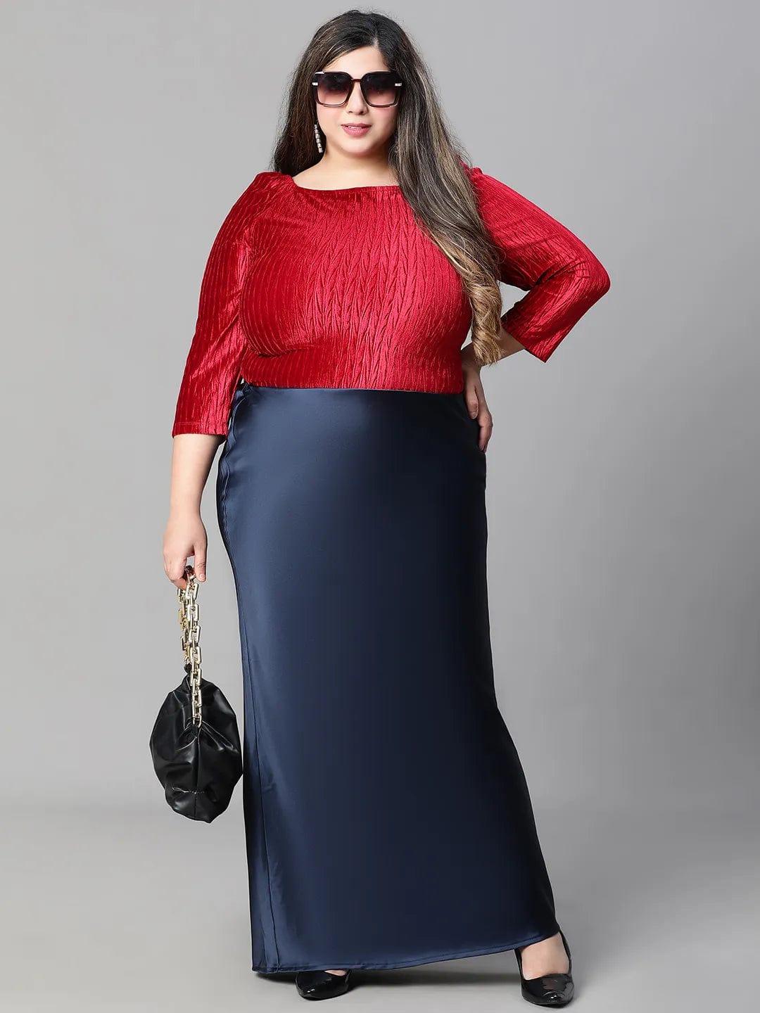 Navy Blue Elasticated Plus Size Women Long Satin Skirt