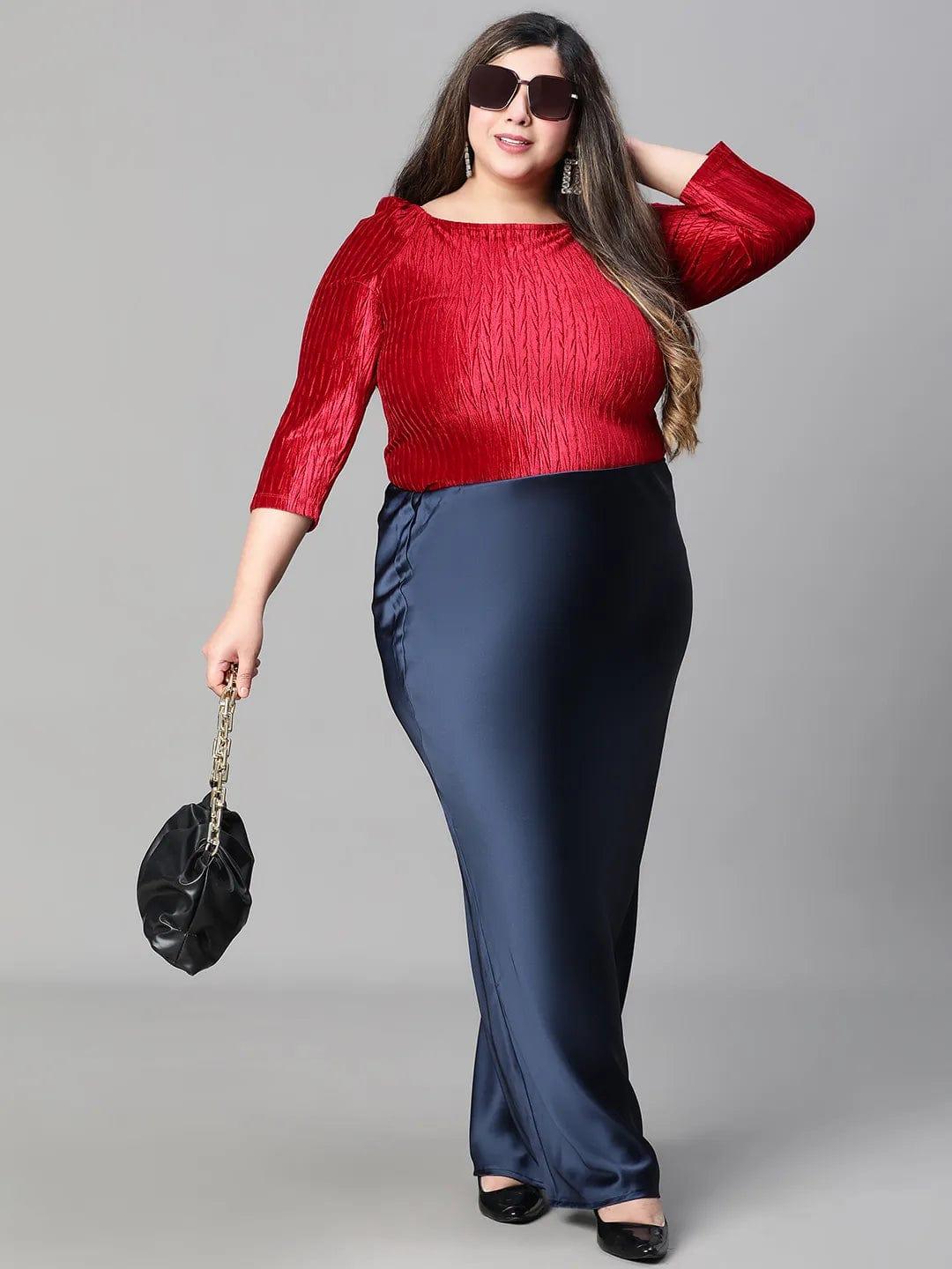 Navy Blue Elasticated Plus Size Women Long Satin Skirt