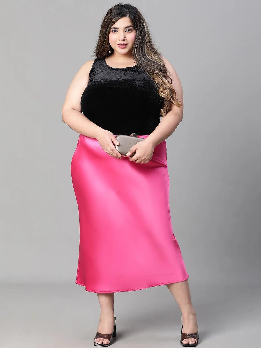 Eye-catchy Elasticated Plus Size Women Knee-length Satin Skirt