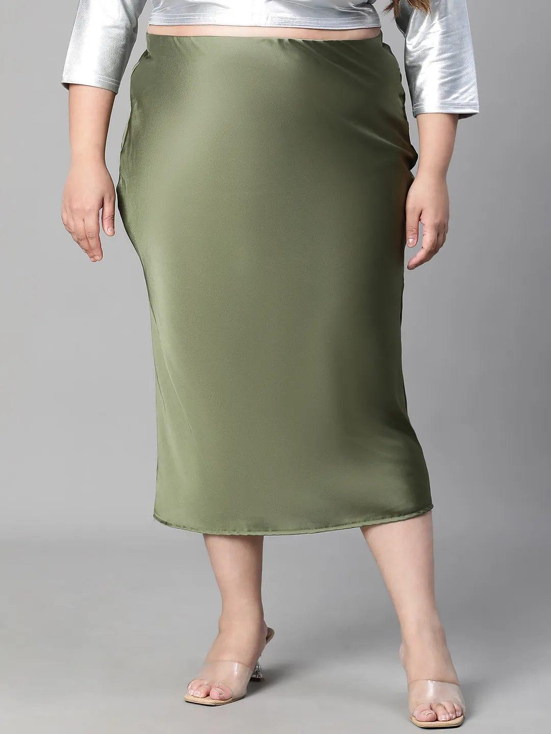 Raffle Green Elasticated Plus Size Women Long Satin Skirt