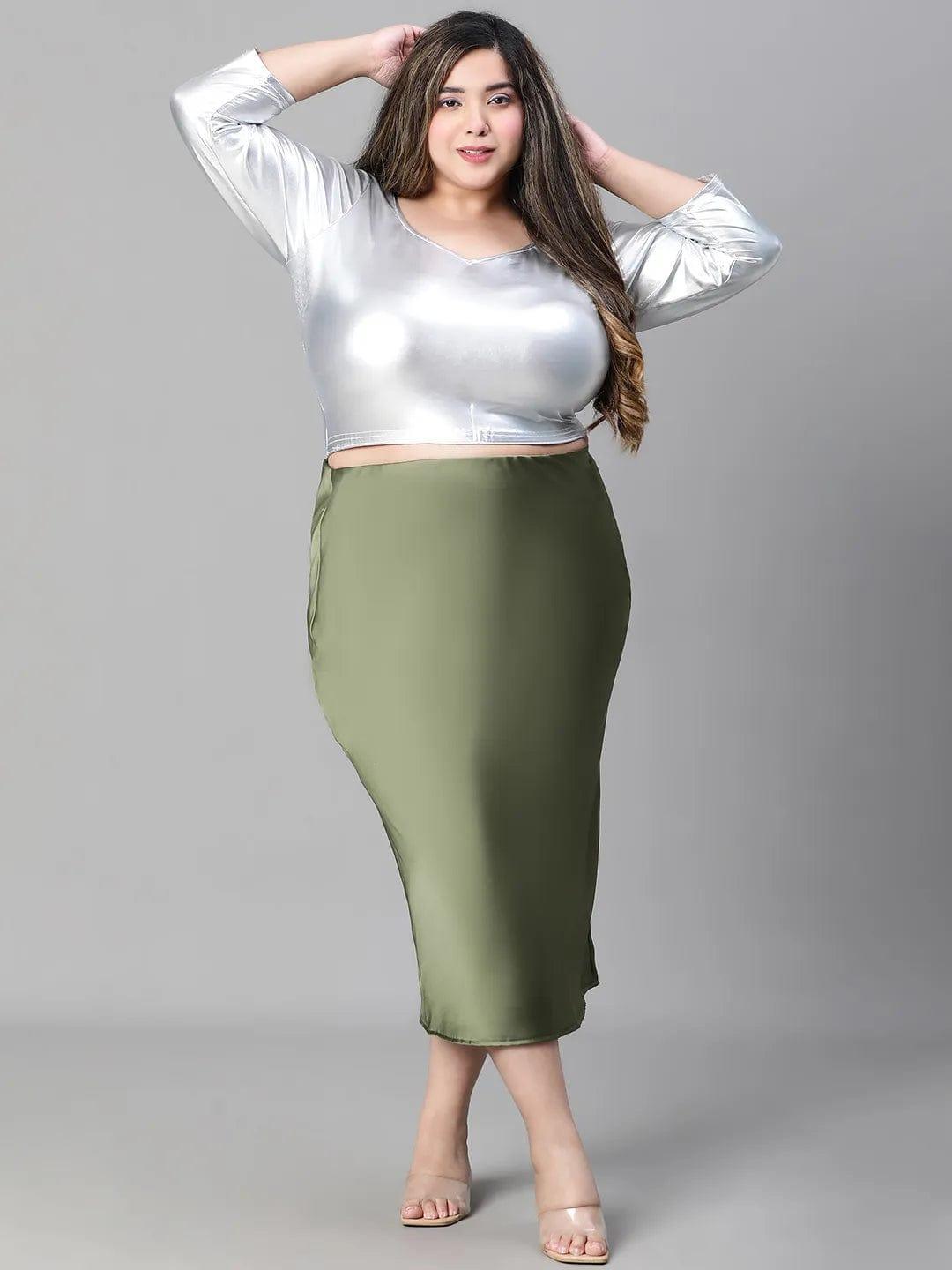 Raffle Green Elasticated Plus Size Women Long Satin Skirt