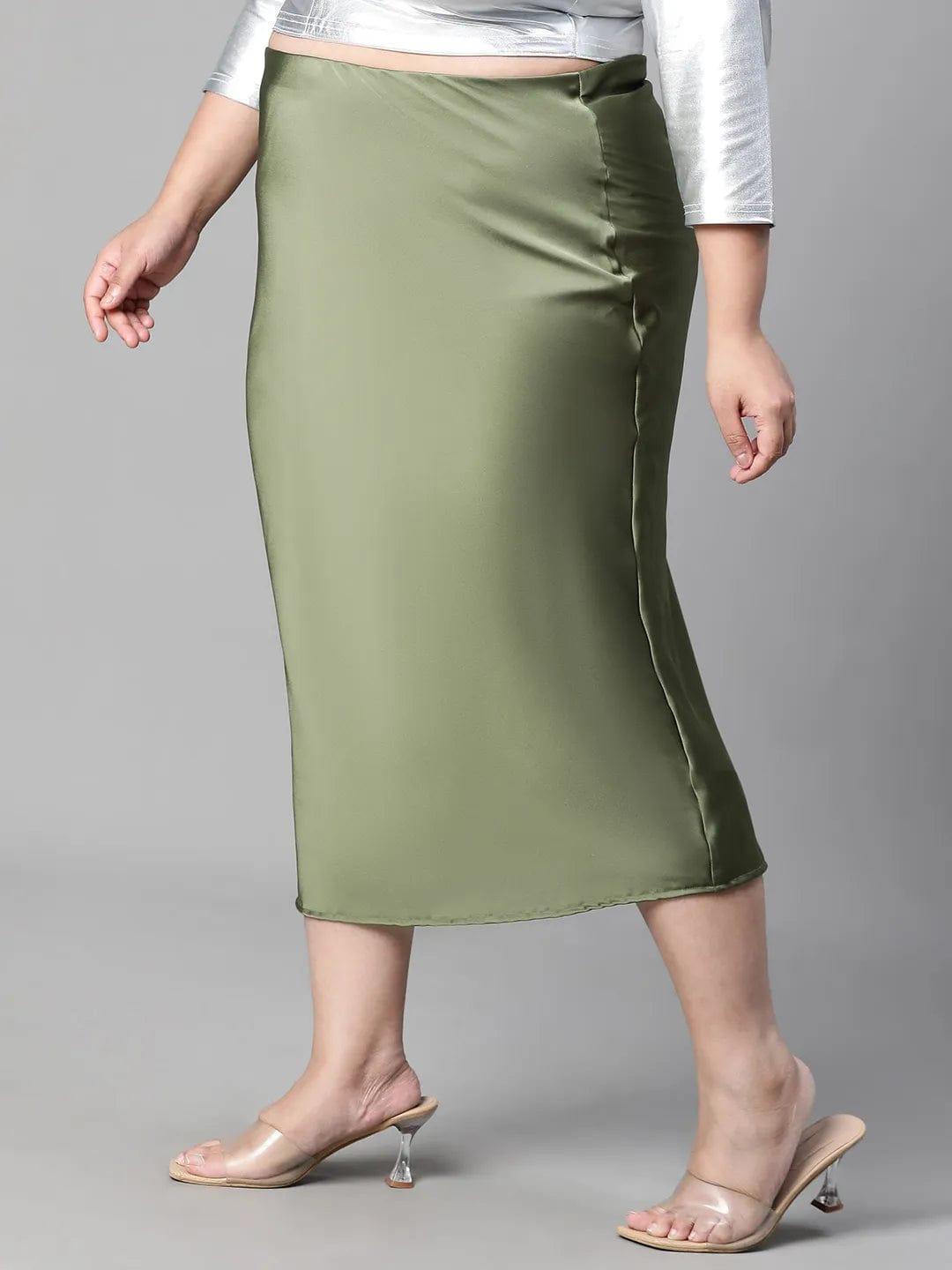 Raffle Green Elasticated Plus Size Women Long Satin Skirt