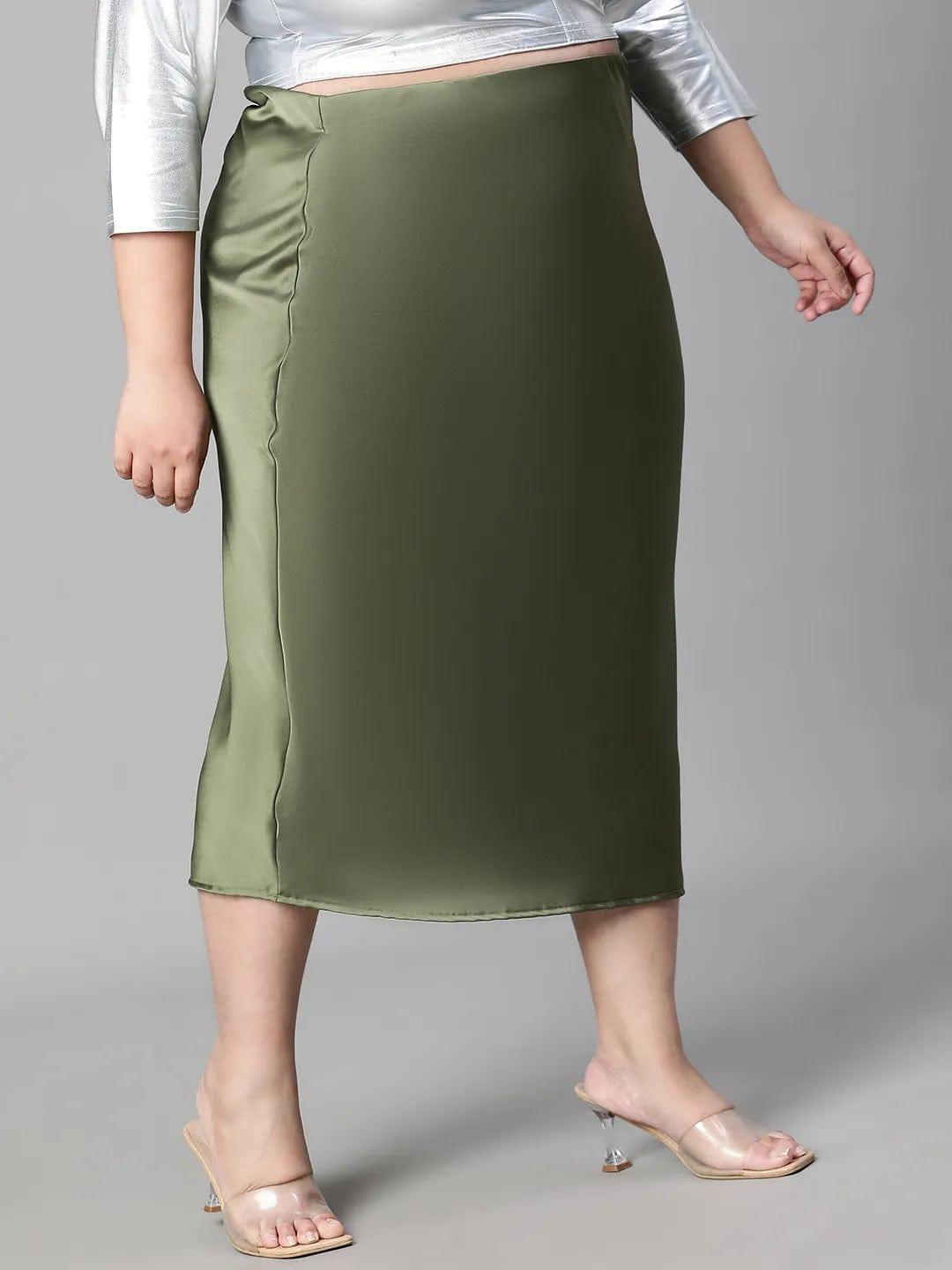 Raffle Green Elasticated Plus Size Women Long Satin Skirt