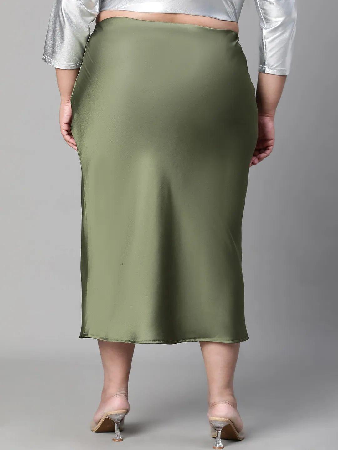 Raffle Green Elasticated Plus Size Women Long Satin Skirt