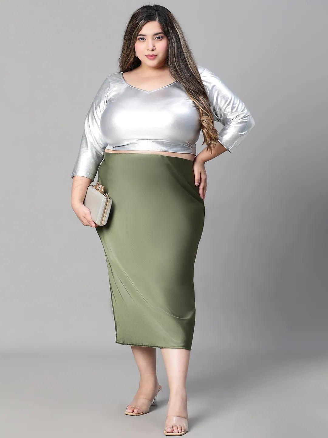 Raffle Green Elasticated Plus Size Women Long Satin Skirt