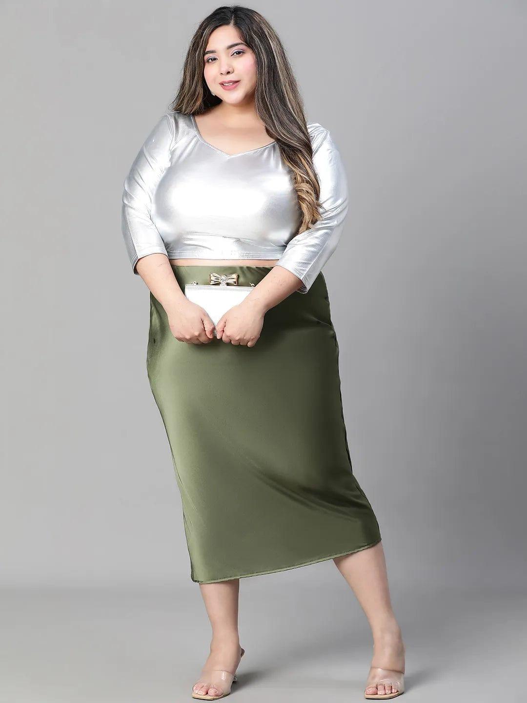 Raffle Green Elasticated Plus Size Women Long Satin Skirt