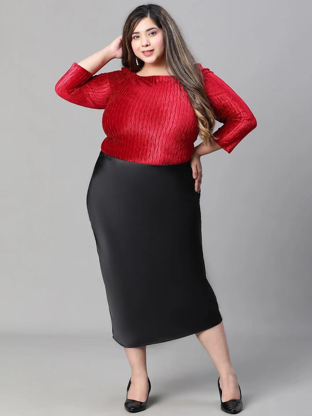 Solid Black Elasticated Knee-length Plus Size Satin Skirt