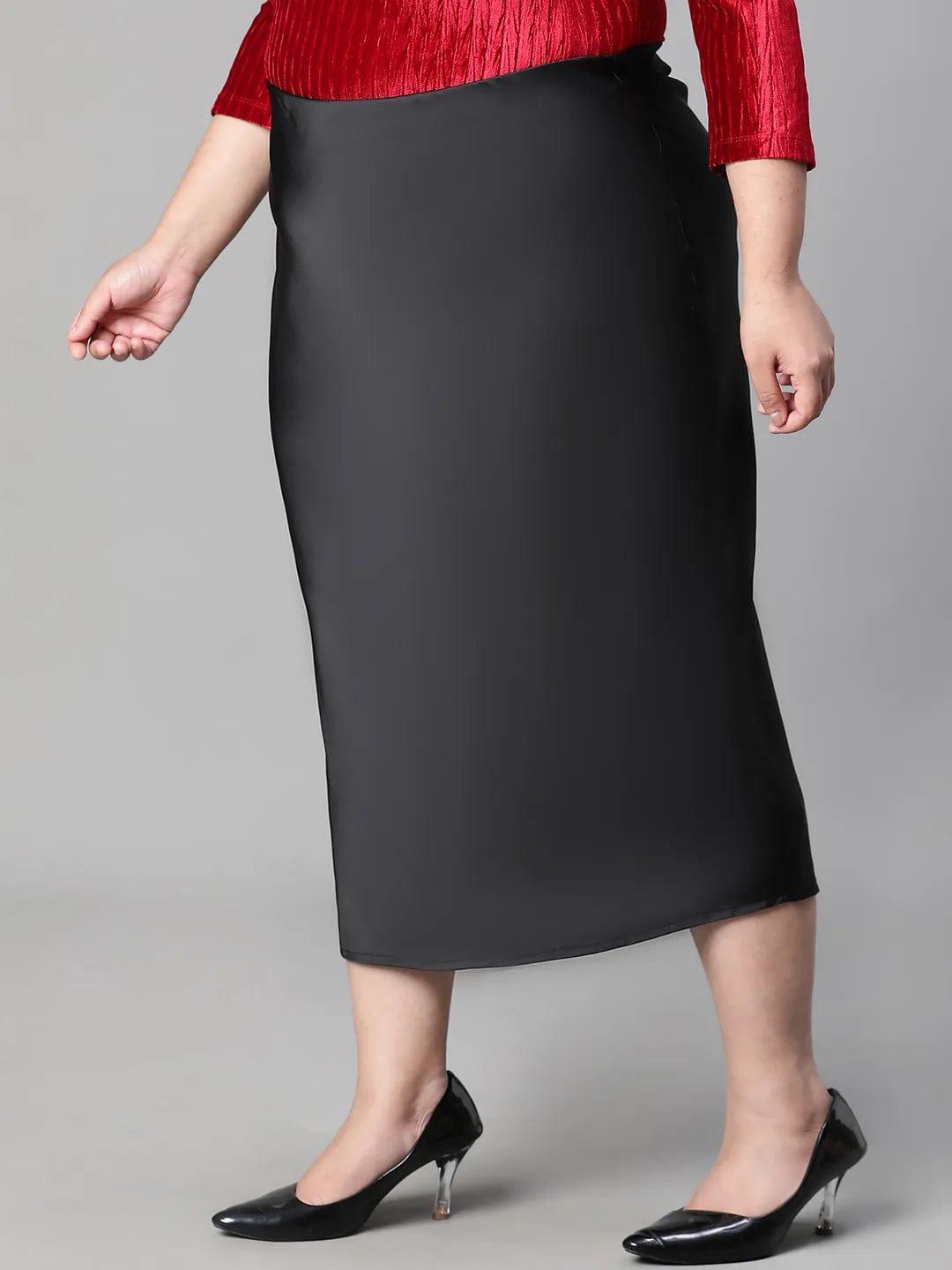 Solid Black Elasticated Knee-length Plus Size Satin Skirt