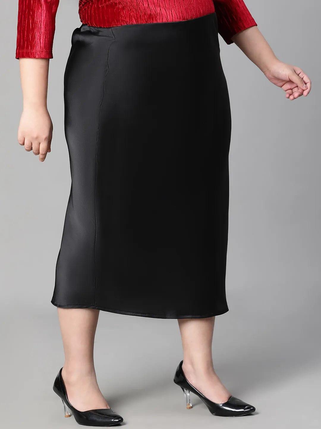 Solid Black Elasticated Knee-length Plus Size Satin Skirt