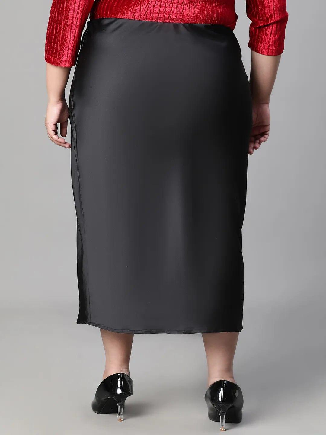 Solid Black Elasticated Knee-length Plus Size Satin Skirt