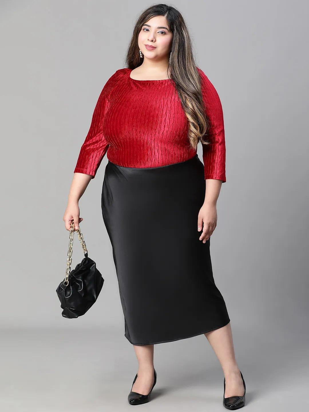 Solid Black Elasticated Knee-length Plus Size Satin Skirt