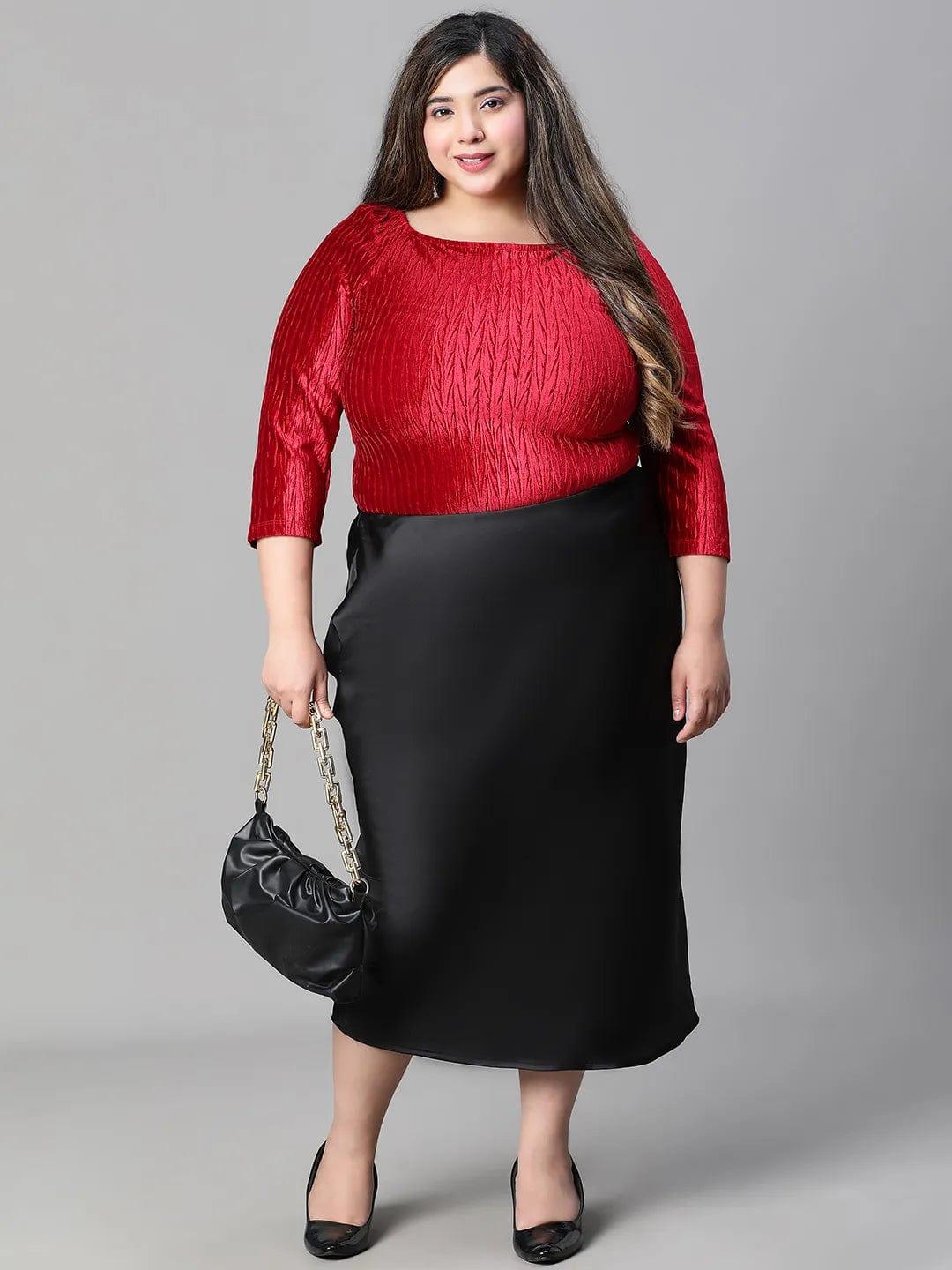 Solid Black Elasticated Knee-length Plus Size Satin Skirt