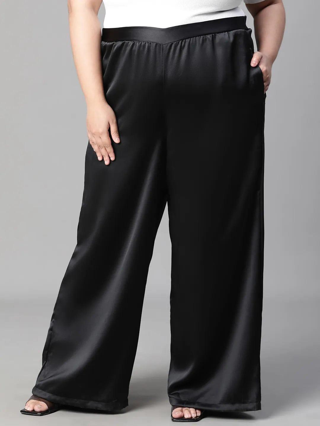 Dearly black elasticated plus size flare satin pant