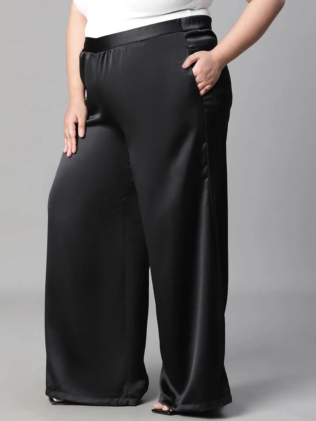 Dearly black elasticated plus size flare satin pant