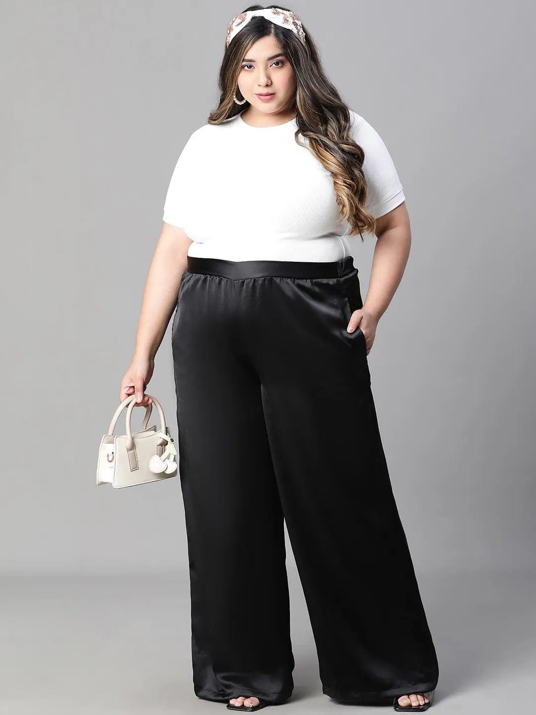 Dearly black elasticated plus size flare satin pant