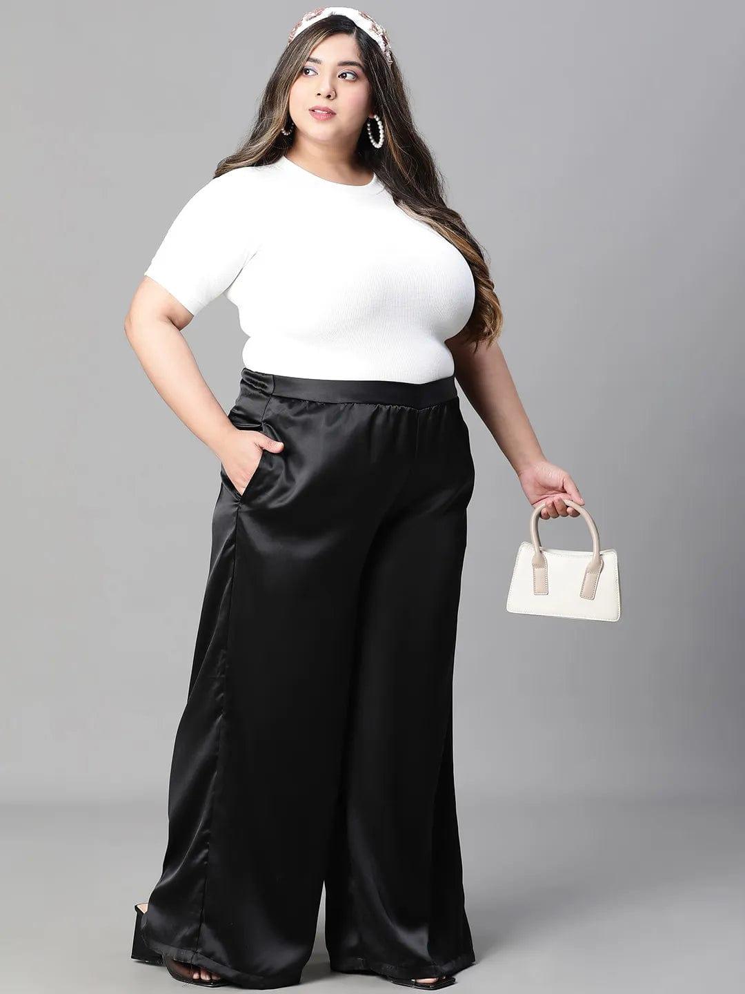 Dearly black elasticated plus size flare satin pant