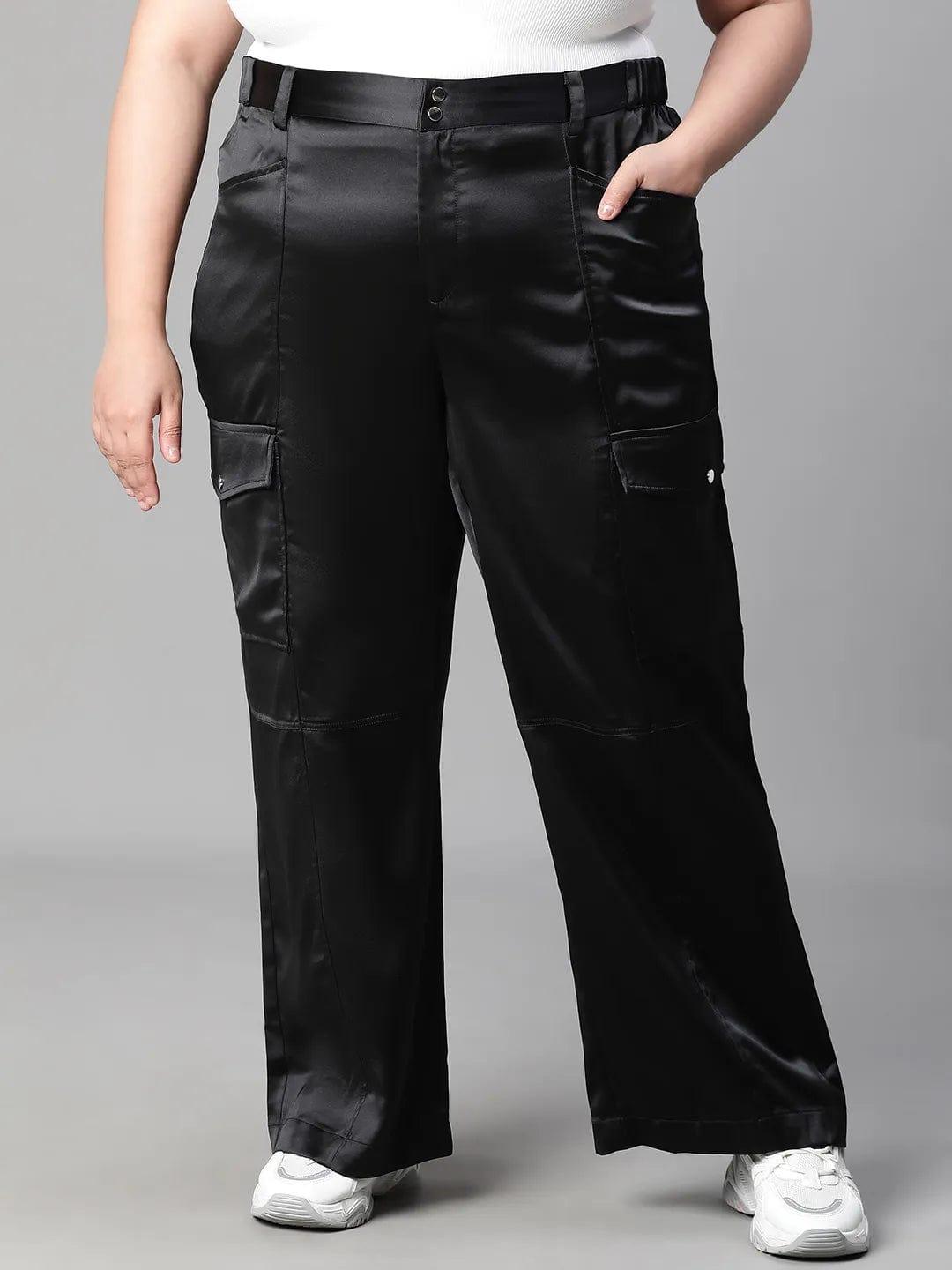 Meraki Black Elasticated Plus Size Cargo Satin Pant