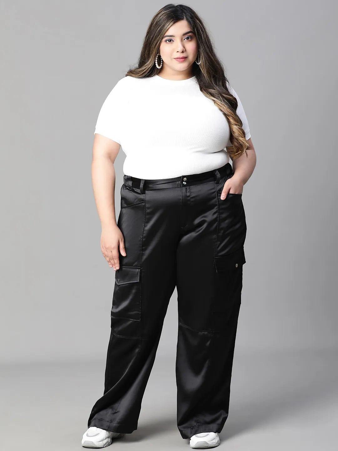 Meraki Black Elasticated Plus Size Cargo Satin Pant