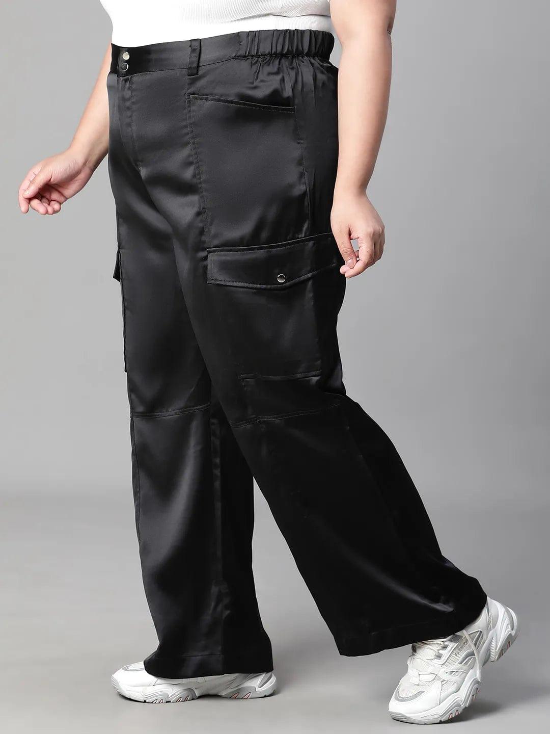 Meraki Black Elasticated Plus Size Cargo Satin Pant