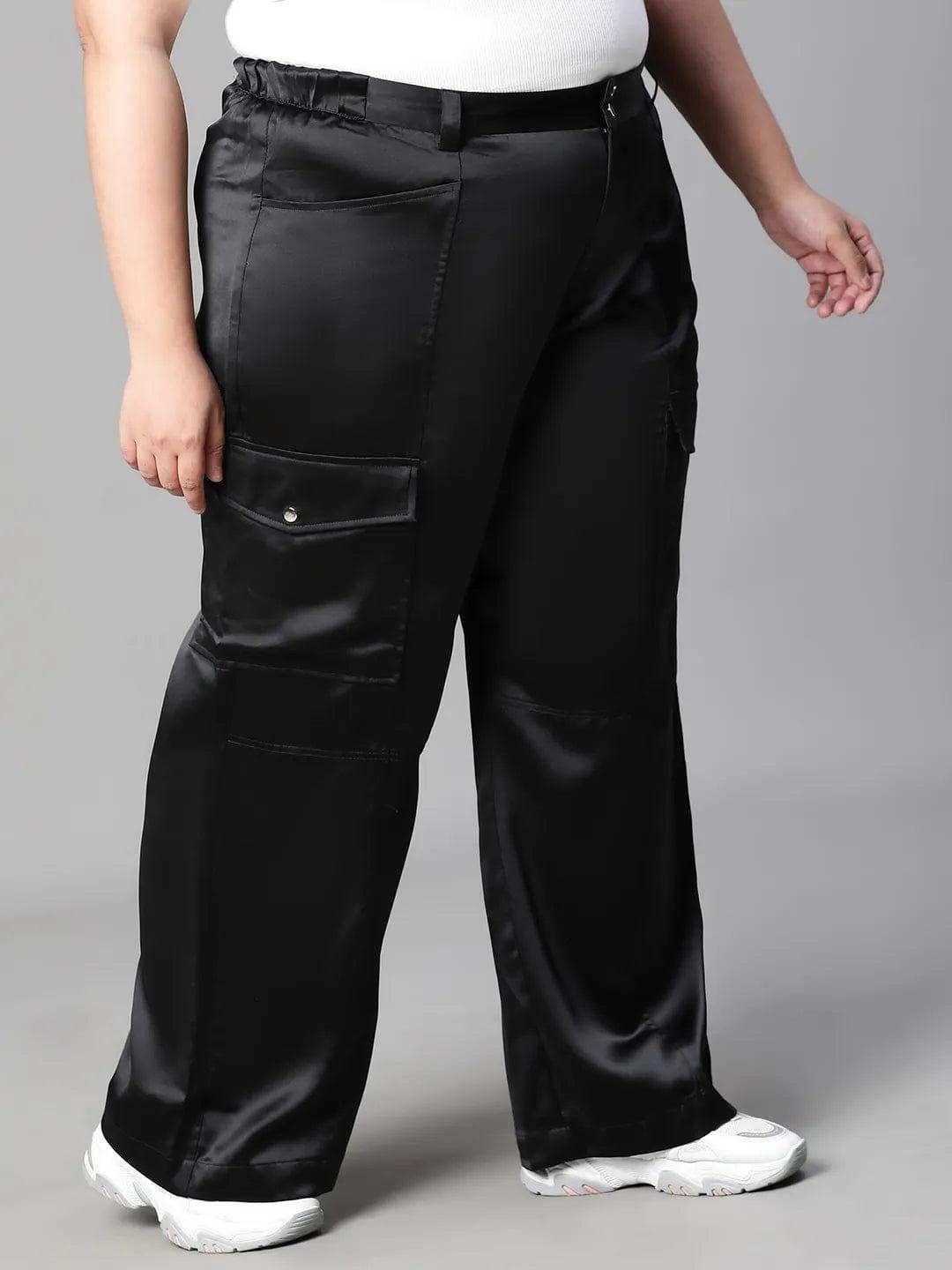 Meraki Black Elasticated Plus Size Cargo Satin Pant