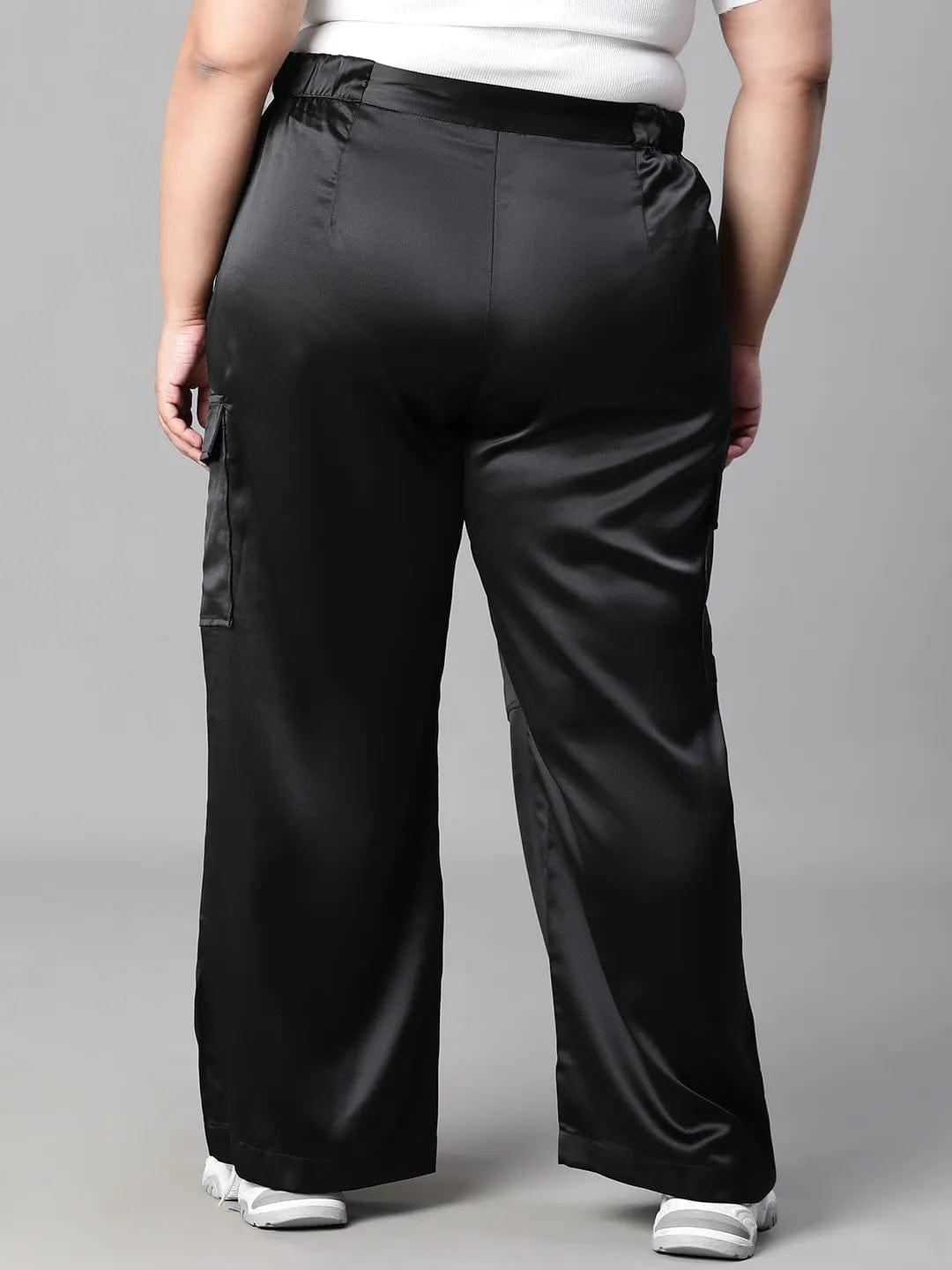 Meraki Black Elasticated Plus Size Cargo Satin Pant