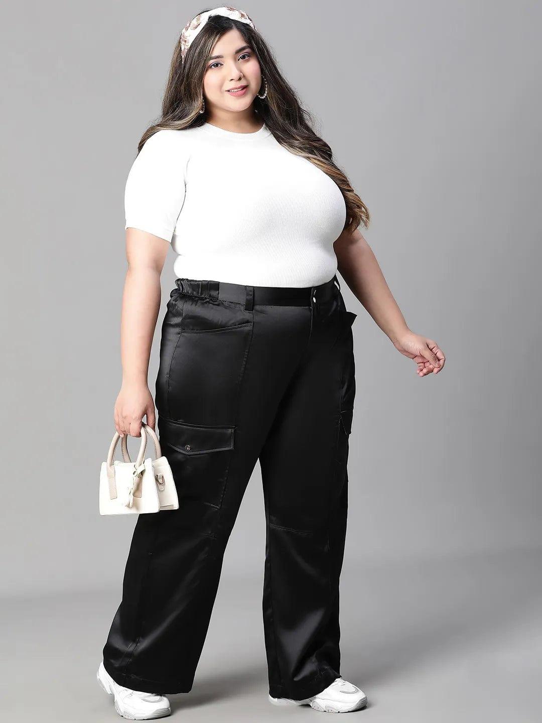 Meraki Black Elasticated Plus Size Cargo Satin Pant