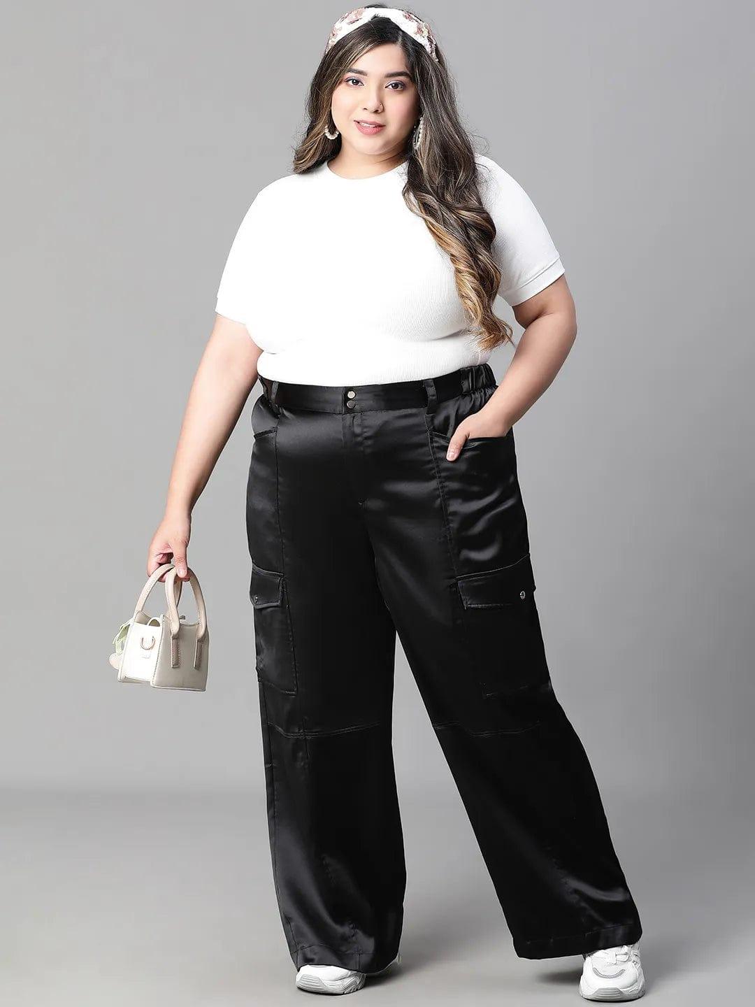 Meraki Black Elasticated Plus Size Cargo Satin Pant