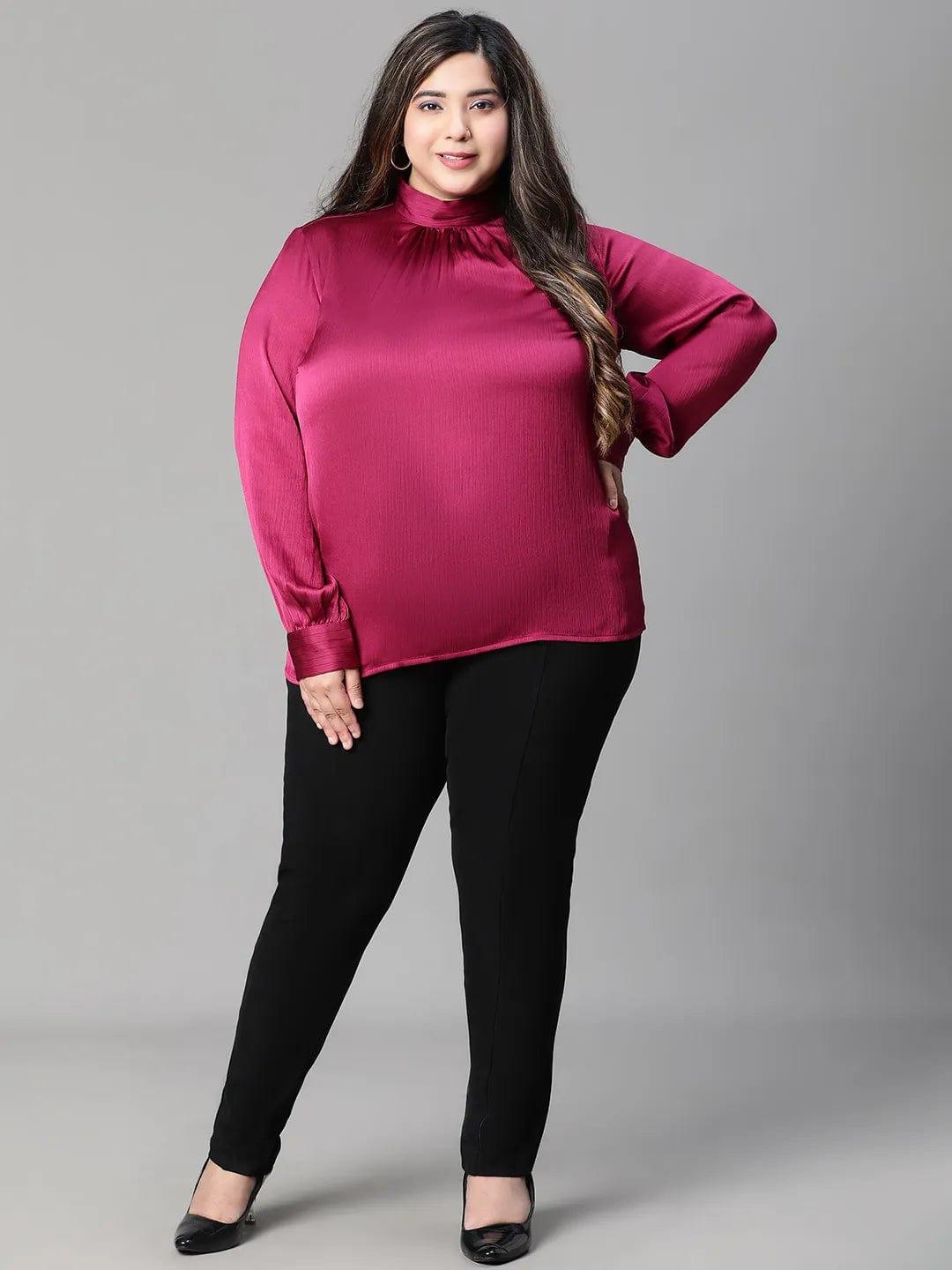 Bravo maroon long sleeve plus size women satin Loopy Top