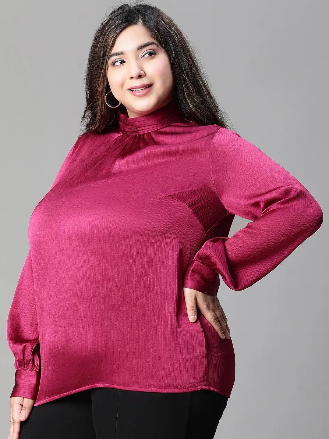 Bravo maroon long sleeve plus size women satin Loopy Top