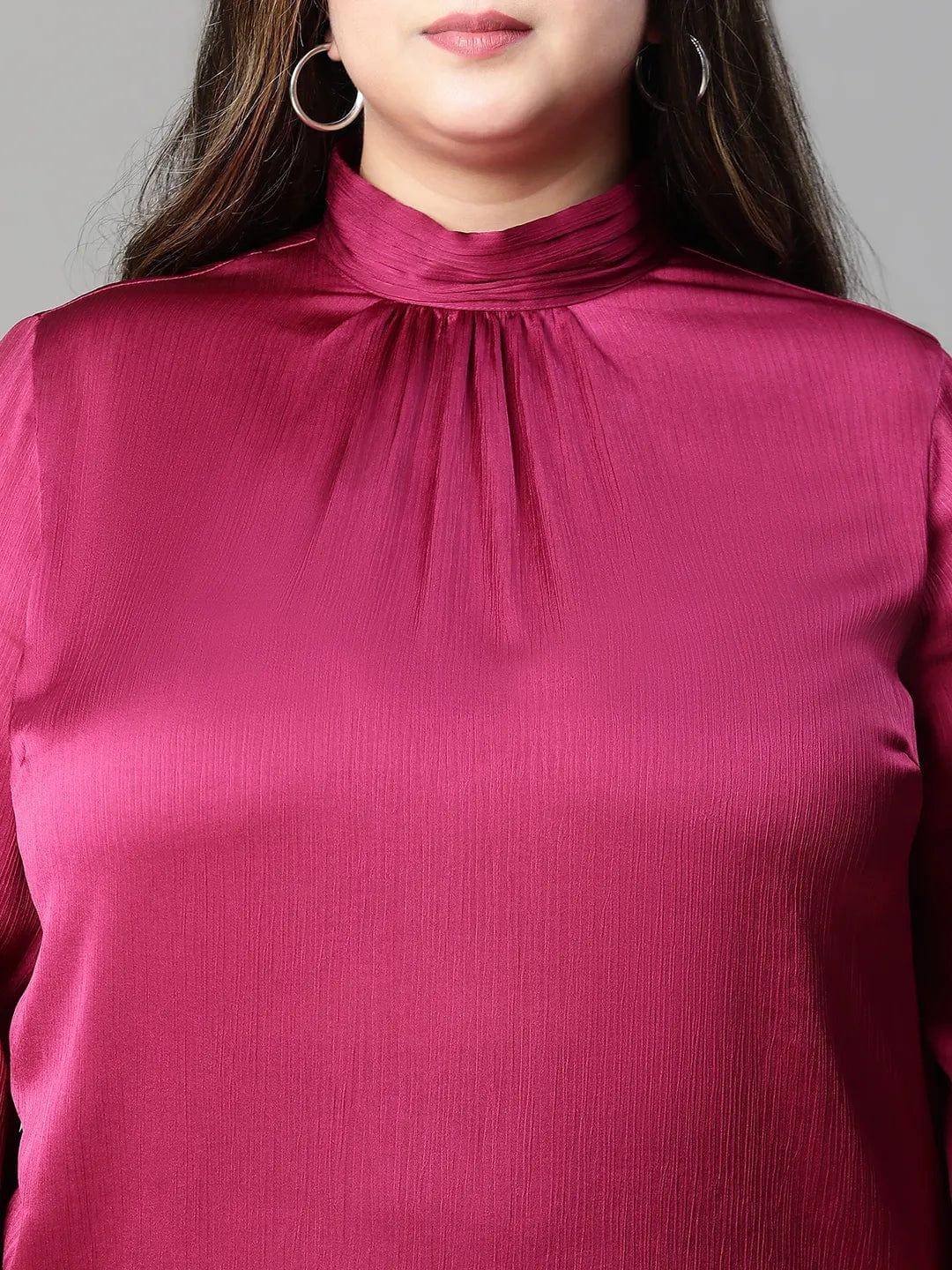 Bravo maroon long sleeve plus size women satin Loopy Top